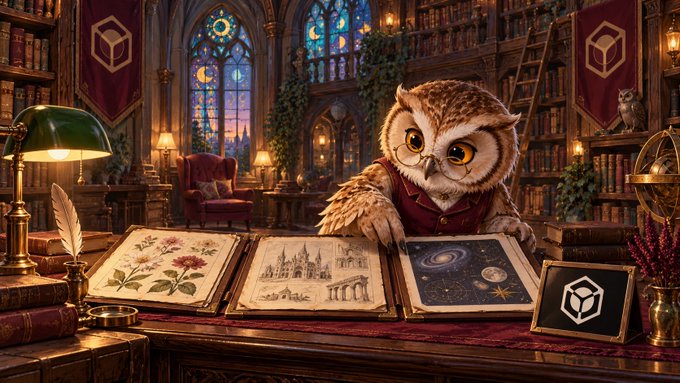 An owl wearing glasses and a vest sits at a desk in a grand, candlelit library, examining an open book with a galaxy illustration beside botanical sketches, with red banners displaying a cube logo and a small screen showing the same icon in the foreground. The image evokes themes of deep research, vetting, and thoughtful selection—mirroring the post's message that raw metrics like follower counts only show surface-level reach, and that true evaluation of a candidate's worth requires deeper examination of their expertise, experience, and contributions, much like the owl carefully studying detailed pages of knowledge.
