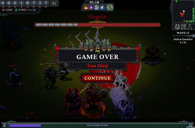 A "GAME OVER - You Died" screen from the indie game *Tollan Universe*, showing the player defeated by the boss "Orgrin" on Wave 17 with a score of 001875, matching the post about learning the game's tricks and strategies after a failed attempt.
