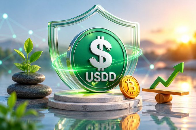 Digital artwork featuring a green shield protecting a USDD coin, surrounded by Bitcoin and an upward green growth arrow, symbolizing financial security and rising value.