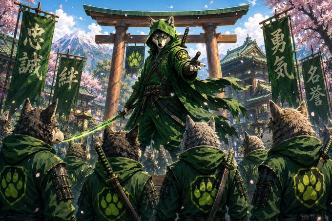 A masked, fox-like warrior in a green cloak stands atop a torii gate before a gathering of similarly hooded followers bearing paw-print emblems and banners reading "忠誠" (loyalty), "結" (bond), and "勇氣" (courage), visually reinforcing $WOOF's portrayal as a community built on loyalty, courage, and a verifiable on-chain heritage tied to SHIB's deployer.