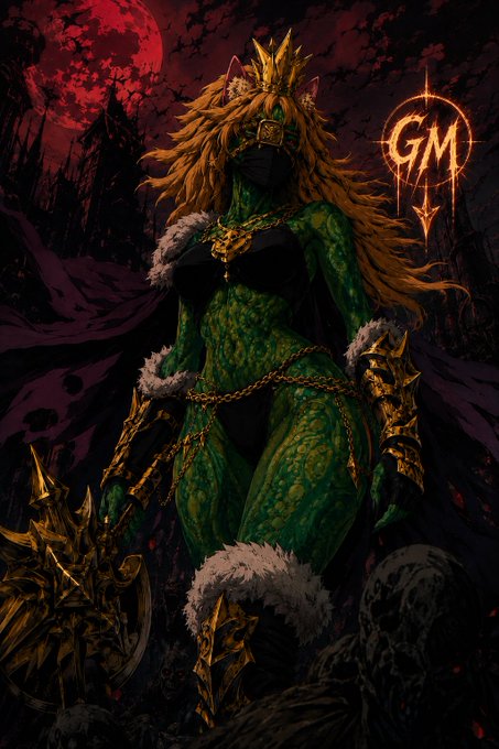 A dark fantasy illustration of an anthropomorphic lion warrior woman with green scaly skin, wearing golden armor and a crown, with 'GM' displayed in a glowing emblem.