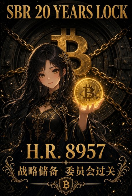 An anime-style poster features a dark-haired woman holding a Bitcoin coin, with text reading "SBR 20 YEARS LOCK", "H.R. 8957", and Chinese characters "战略储备 委员会过关".