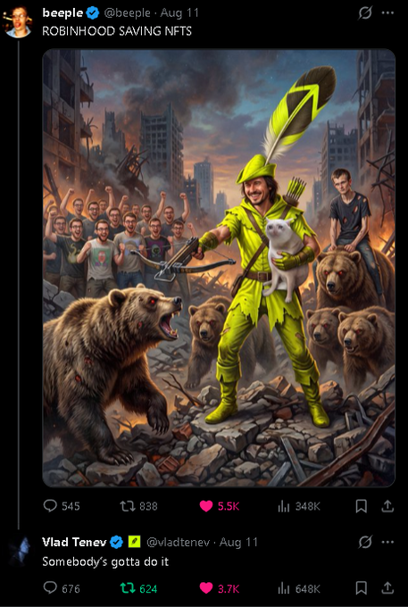 A tweet by beeple (@beeple) titled 'ROBINHOOD SAVING NFTS' featuring artwork of a man in green Robin Hood attire holding a white cat, surrounded by bears in a ruined city; a quoted tweet by Vlad Tenev (@vladtenev) reads 'Somebody's gotta do it'.