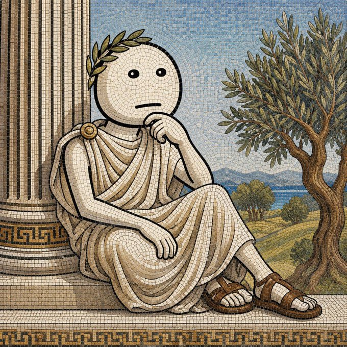 A mosaic-style depiction of a stoic philosopher wearing a laurel wreath and toga sits pensively against a column, gazing into a tranquil landscape with an olive tree, embodying calm indifference to being overlooked.

The image mirrors the post's message of quiet resilience and unbothered focus—much like the contemplative figure ignoring the world around him, the poster remains "still ignored" yet continues climbing the rankings unaffected.