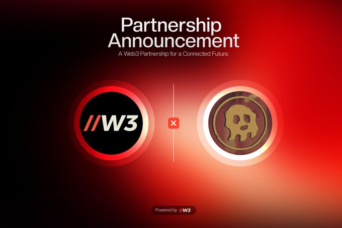 A digital partnership announcement graphic features a red background with 'Partnership Announcement' text, 'A Web3 Partnership for a Connected Future' subtitle, and two circular logos separated by an 'x', with 'Powered by W3' at the bottom.