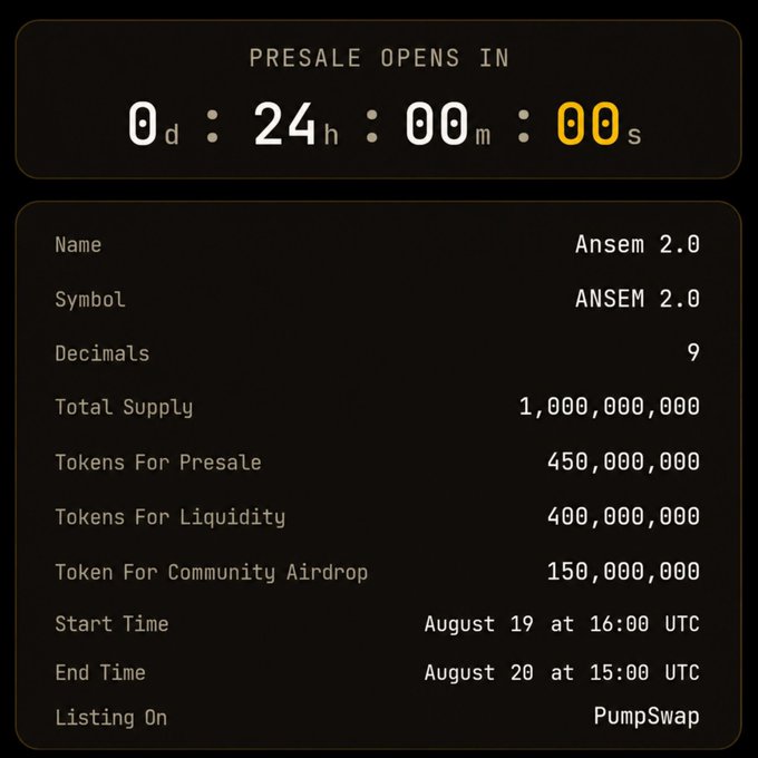A presale countdown for the "ANSEM 2.0" token displays 0 days, 24 hours until launch, with details including a total supply of 1,000,000,000 tokens (450M for presale, 400M for liquidity, 150M for community airdrop), set to run from August 19-20 UTC and list on PumpSwap. The image supports the "DROP YOUR SOLANA ADDRESS FAST!" message by signaling urgency around a limited-time community airdrop where users must quickly submit their Solana wallets to participate.