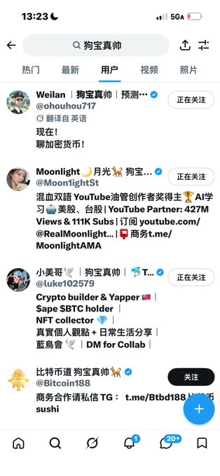 These are search results for "狗宝真帅" (Dog Treasure Handsome) on a Chinese social media platform, with the top result being a user named "Weilan" who mentions chatting about cryptocurrency. The image relates to the accompanying post by showing search results for "dogecoin" which is a cryptocurrency, likely prompting the user's comment about "Dogecoin's balls are huge".