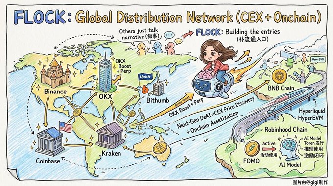 A hand-drawn illustration titled 'FLOCK: Global Distribution Network (CEX + Onchain)' depicting a world map with crypto exchanges like Binance, OKX, Kraken, Coinbase, and Bithumb connected to BNB Chain, Robinhood Chain, and Hyperliquid HyperEVM, credited to @gigi.