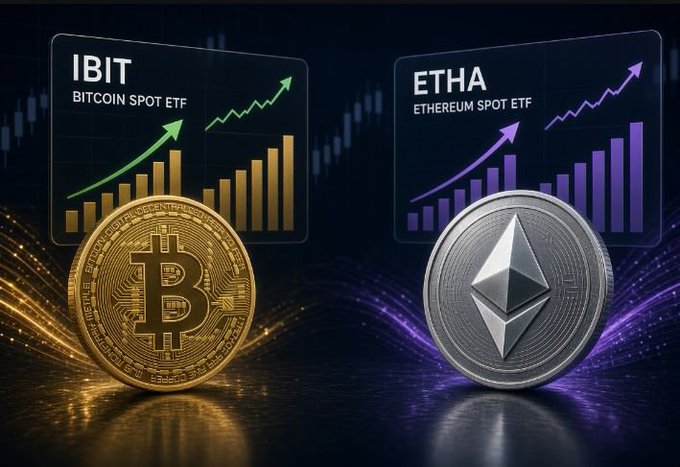 A promotional graphic displays a gold Bitcoin next to a "IBIT BITCOIN SPOT ETF" chart with green upward arrows, and a silver Ethereum coin next to an "ETHA ETHEREUM SPOT ETF" chart with purple upward arrows.