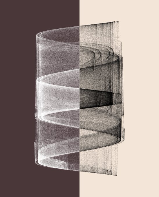 A digital artwork depicting a translucent, spiraling cylindrical form set against a split background of dark brown and beige.