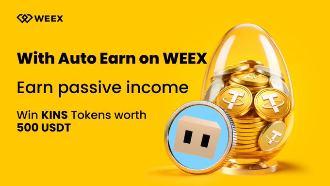 The image features a gold egg with a blue face, surrounded by stacks of gold coins. The text above the image reads "With Auto Earn on WEEX Earn passive income", while below the image there's an advertisement for a 500 USDT token that can be used as a reward for participating in a campaign to promote auto-earning.