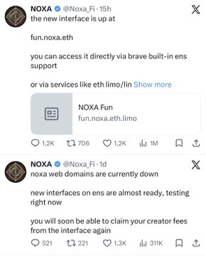 Two Twitter posts from NOXA (@Noxa_Fi) announcing that the new interface is live at fun.noxa.eth, accessible via Brave browser, and that creator fees can be claimed through the new interface.