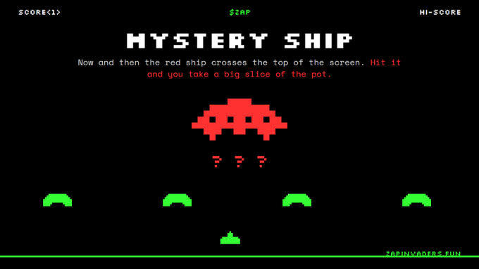 A pixelated Space Invaders-style game titled 'MYSTERY SHIP' with text explaining: 'Now and then the red ship crosses the top of the screen. Hit it and you take a big slice of the pot,' featuring a red spaceship and green aliens above a 'ZAP' and 'HI-SCORE' display.