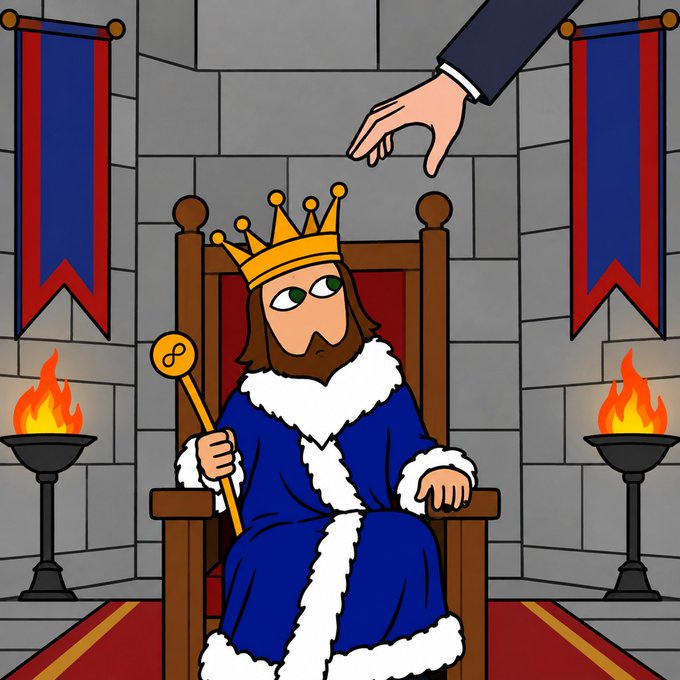 A cartoon illustration of a king wearing a blue robe with white fur trim and a gold crown, holding a scepter, sitting on a throne while a hand reaches down from above to place something on his head.