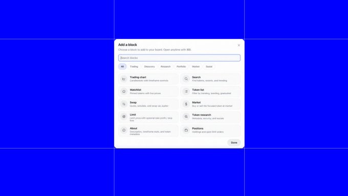 A digital interface displaying an 'Add a block' menu on a blue background, offering various blocks such as 'Trading chart', 'Watchlist', 'Swap', 'Search', 'Token list', and 'Market'.
