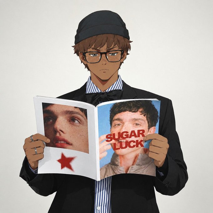 A stylish anime-style figure in a black beanie, glasses, and tuxedo reads an open magazine featuring two portrait photos and the bold red text "SUGAR LUCK," tying into the post's theme of NFTs evolving beyond static images into dynamic, functional assets with real-world utility.