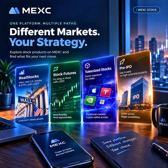 A MEXC promotional image showcasing four stock trading products—RealStocks (for owning real U.S. stocks & ETFs with USDT), Stock Futures (long/short with USDT), Tokenized Stocks (on-chain exposure including Apple, Tesla, NVIDIA, Microsoft), and Pre-IPO (early access to high-potential projects)—with the tagline "Different Markets. Your Strategy" and "One Platform. Multiple Paths," visually supporting the accompanying post about choosing the right MEXC stock product based on trading goals.
