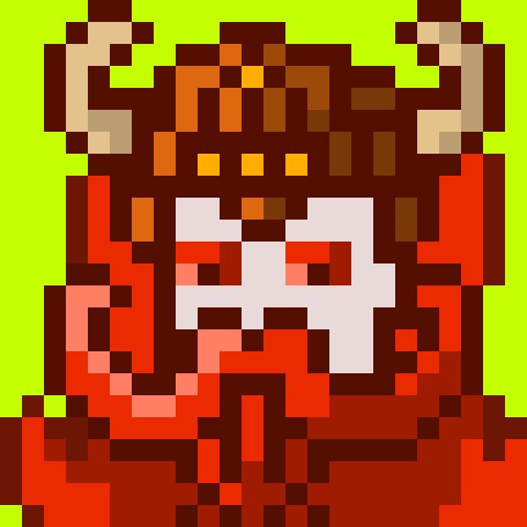 A retro pixel art depiction of a horned red devil or demon character with a pale face, set against a bright lime green background.