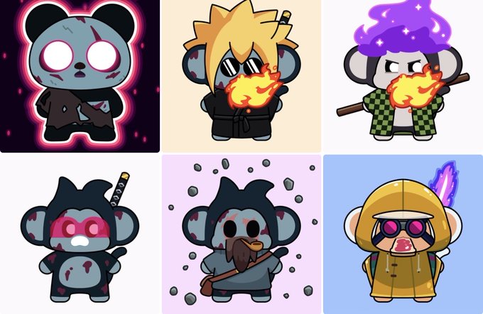 A grid of six chibi-style cartoon panda mashup characters reimagined as anime figures, including versions of Cloud Strife, a fire-breathing wizard, and Batman, all depicted with panda-like features.