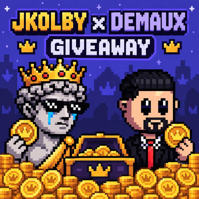 A pixel art graphic advertises a "$JKOLBY x DEMAUX GIVEAWAY," featuring a crowned statue shedding tears beside a suited man, both surrounded by piles of crown-stamped coins and a treasure chest. The cartoonish, wealth-themed imagery reinforces the post's call to enter a 0.25 SOL giveaway by liking, retweeting, and commenting a Solana address.