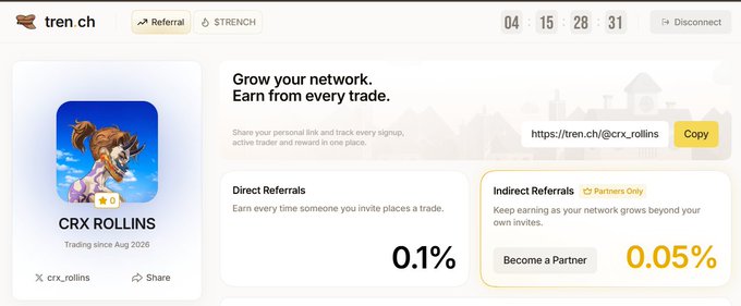 A Tren.c referral dashboard for user 'CRX ROLLINS' showing 0.1% direct referral rewards and 0.05% indirect referral rewards for Partners Only.