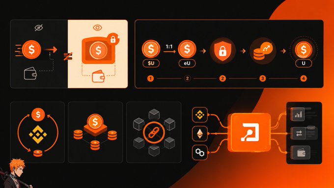 An infographic with orange and black icons illustrating cryptocurrency exchange processes, including stablecoin swaps, the 1:1 SU to eU conversion process, and Binance network connections.