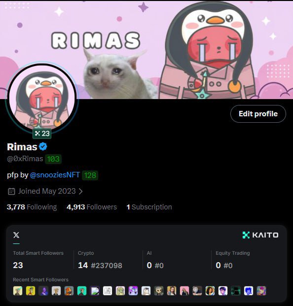 A Twitter/X profile for 'Rimas' (@0xRimas) with 4,913 followers, featuring a banner with a cat and a crying penguin character, and stats tracked by Kaito.