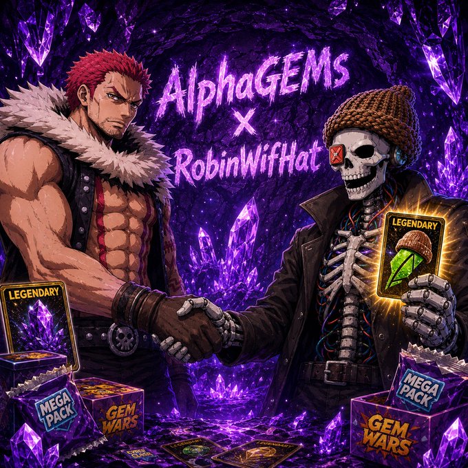 Promotional artwork for an "AlphaGEMS x RobinWifHat" collaboration, depicting a muscular red-haired warrior shaking hands with a robotic skeleton wearing a beanie, surrounded by purple crystals and "Legendary" trading cards labeled "Mega Pack" and "Gem Wars." The text "AlphaGEMS x RobinWifHat" is prominently displayed at the top, visually supporting the partnership announcement and token-gated whitelist offering mentioned in the caption.