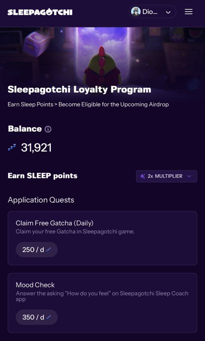 Sleepagotchi Loyalty Program dashboard showing a balance of 31,921 SLEEP points, with quests like 'Claim Free Gatcha (Daily)' worth 250/d and 'Mood Check' worth 350/d.