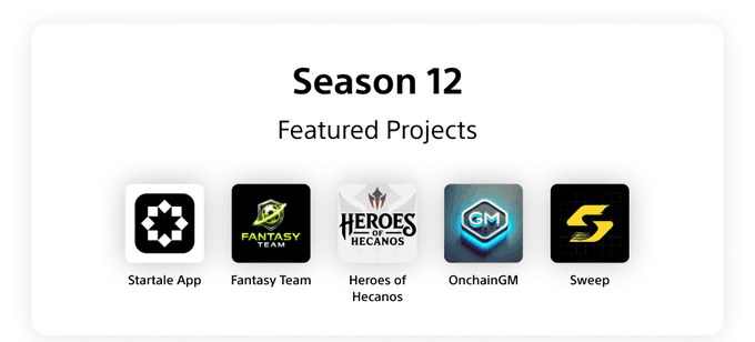 The image displays "Season 12 Featured Projects" from Soneium, showcasing five blockchain projects including Startale App, Fantasy Team, Heroes of Mecanos, OnchainGM, and Sweep as square icons. It complements the post by visually highlighting OnchainGM—one of the featured projects—where users complete 5 GM transactions on the Soneium network to earn 7.5 points.