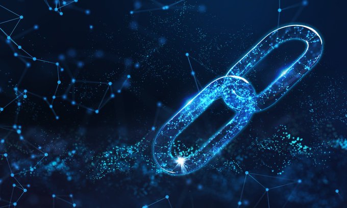 Digital graphic showing two interlinked metallic chain links glowing with blue light and particles against a dark background with a constellation-like network pattern.