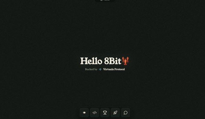 A dark welcome screen displaying the text 'Hello 8Bit' with a crab emoji, noted as 'Backed by Virtuals Protocol', with navigation icons at the bottom.