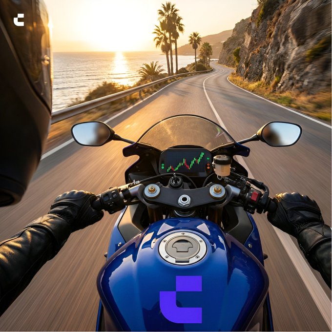 A first-person perspective from a rider on a blue motorcycle speeding along a coastal road at sunset, with palm trees and rocky cliffs visible in the distance.
