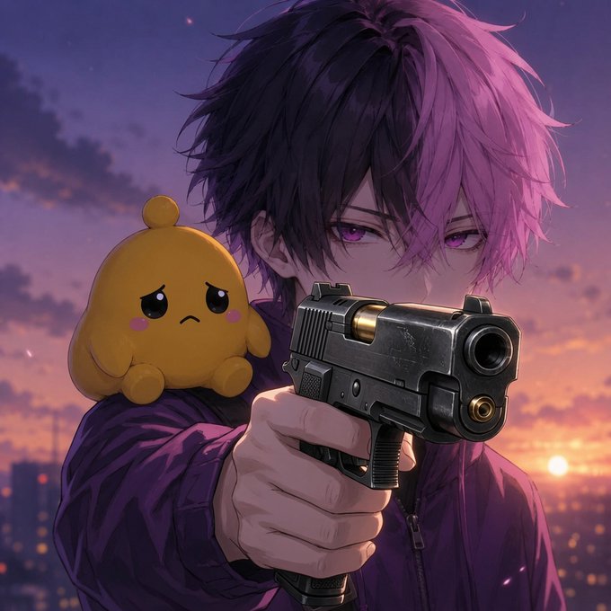 An anime-style illustration of a young man with purple hair and eyes holding a black handgun, accompanied by a small, sad-looking yellow plush toy, set against a sunset cityscape.