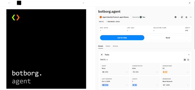 A screenshot of an NFT marketplace listing for 'botborg.agent' on Magic Eden's Runes (RuneID: 840000), with traits like Agent None, Character Set Meter, and Genesis Rank.