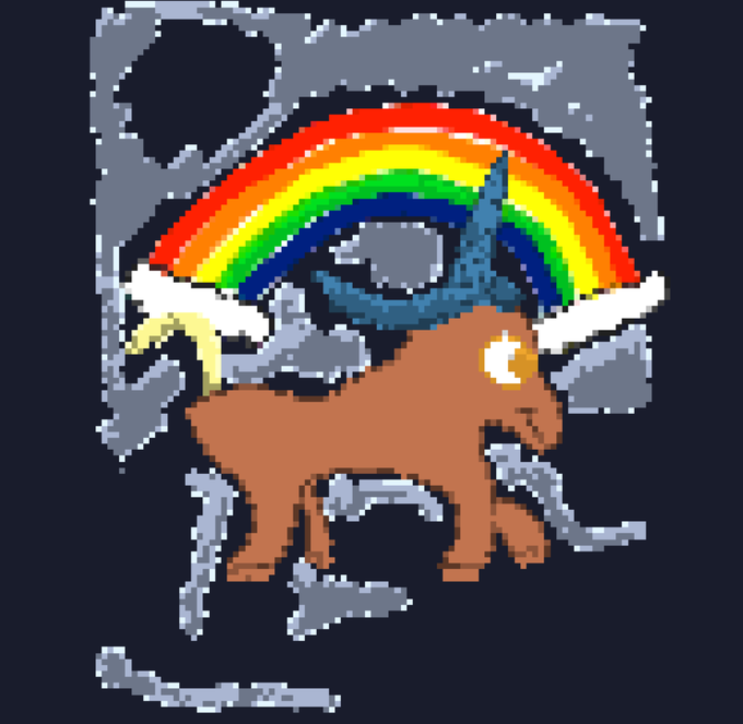 Pixel art style image of a brown goat with a glowing orange eye featuring a crescent moon and star, horns, and a rainbow arching behind it against a grey background.