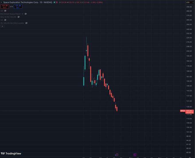 TradingView chart of Space Exploration Technologies Corp. (1D, NASDAQ) showing a sharp decline from around $225 to $121.42, down 2.89%.