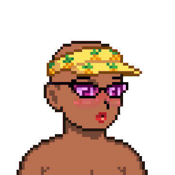 A pixel art illustration of a character with dark skin, red lipstick, sunglasses with purple lenses, and a yellow cap decorated with flowers.