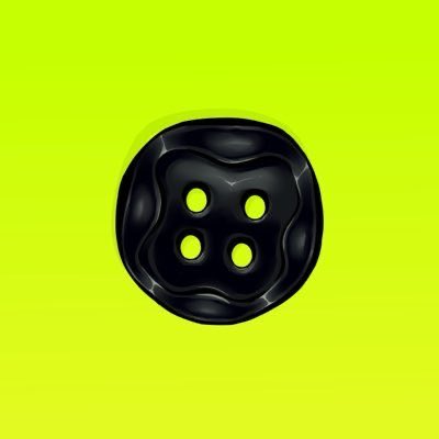 A glossy black, wavy-edged four-hole button sits centered against a vibrant lime-green background, visually echoing the intertwined community gratitude being shared through a simple "thank you" gesture.