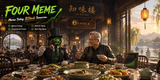 A promotional banner for 'FOUR MEME' (Meme Today, BStock Tomorrow) showing two figures—one in a top hat with a 'GPU' coin face and another resembling Jensen Huang—dining together in a Chinese restaurant, with BStock and BTC ticker branding.