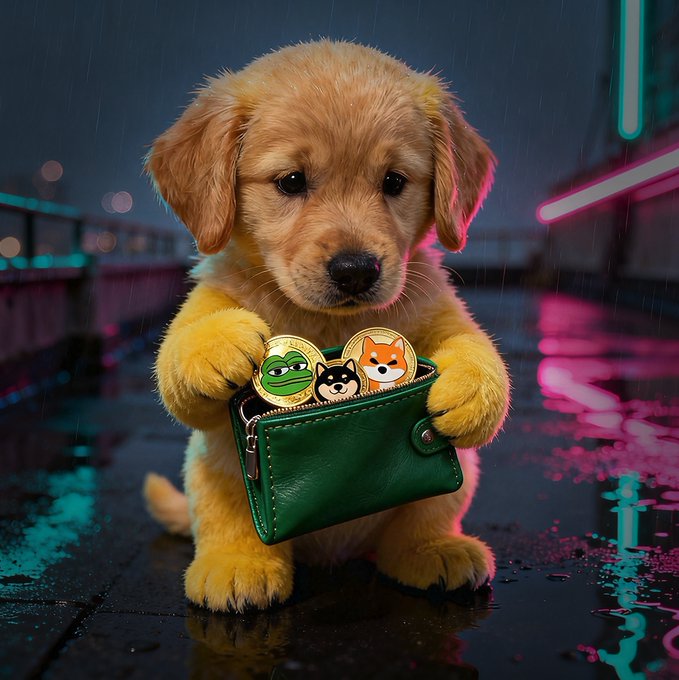 A golden puppy stands in the rain clutching a green wallet filled with crypto coins (Pepe, a Shiba Inu, and a black cat), visually capturing the post's playful "GM" wish for everyone’s wallets to get fatter this week.