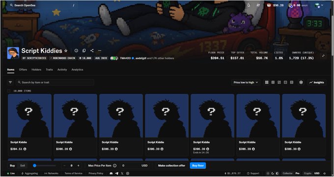 Screenshot of the OpenSea collection page for "Script Kiddies" displaying a floor price of $204.61 with 19,888 items owned by 17,981 owners, showing 10 hidden/placeholder profile silhouettes of the NFTs each priced at $204.61, matching the advertised mint price of ~$2 and floor price of $204 with a 100x multiplier highlighted in the accompanying post.