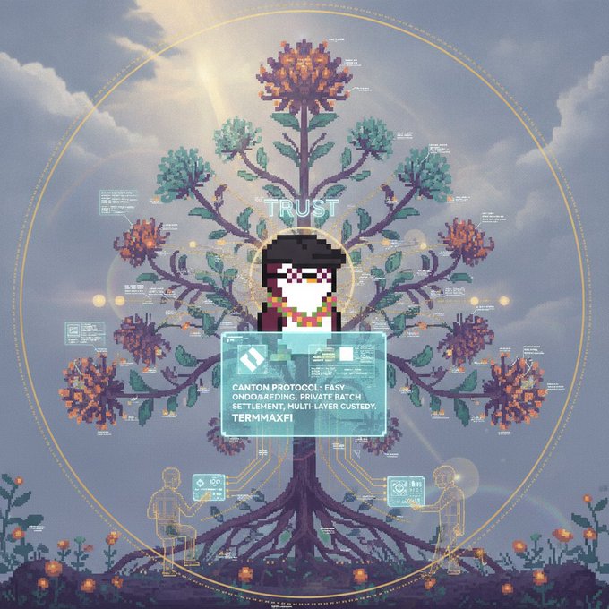 A pixel art image featuring a penguin-like character labeled 'TRUST' standing before a large tree, with a text box reading 'CANTON PROTOCOL: EASY ONBOARDING, PRIVATE BATCH SETTLEMENT, MULTI-LAYER CUSTODY. TERMMAXFI'.