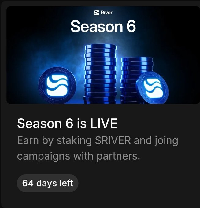 A promotional screen for River announcing 'Season 6 is LIVE,' encouraging users to earn by staking $RIVER and joining partner campaigns, with 64 days left.