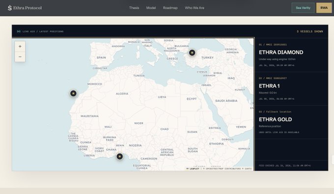 This screenshot of Ethra Protocol displays a map showing the real-time locations of three vessels: "ETHRAD DIAMOND," "ETHRAL 1," and "ETHRAGOLD," all actively tracked via AIS data.