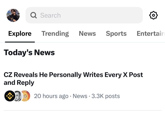 A screenshot of an X (Twitter) Explore page showing 'Today's News' with a headline 'CZ Reveals He Personally Writes Every X Post and Reply' posted 20 hours ago.