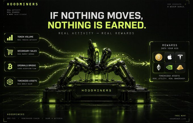 A promotional graphic for 'HOODMINERS' with the tagline 'IF NOTHING MOVES, NOTHING IS EARNED,' featuring a futuristic spider-like mechanical rig and icons for metrics like 'Token Volume' and 'Ordinals Bridge' alongside rewards including Bitcoin, Apple, and Tesla logos.