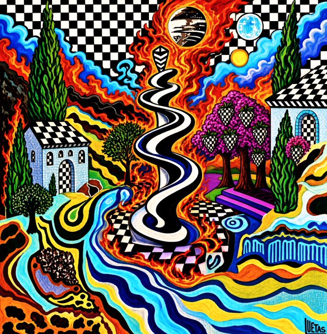 A vibrant, surrealist painting signed 'VICTAS' featuring a swirling black and white serpentine pathway surrounded by flames, checkerboard patterns, cypress trees, houses, and various celestial bodies.