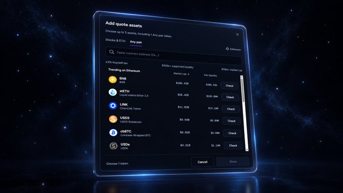 A sleek UI modal titled "Add quote assets" floats against a starry background, displaying a list of trending tokens on Ethereum including BNB ($586.43B), stETH ($20.42B), LINK ($11.62B), USDS ($9.54B), cbBTC ($8.82B), and USDA ($4.91B), with market caps, FDVs, and "Check" buttons. The "Any Pair" tab is highlighted in the Stocks & ETH selector, illustrating the new feature that lets users search and add custom contract addresses directly within the launch flow.