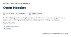 A SEC filing notification for an SEC Meetings and Other Events 'Open Meeting' scheduled for Aug 14, 2020 at 10:00AM ET, related to retail brokerage advice on certain investment contracts involving crypto assets.